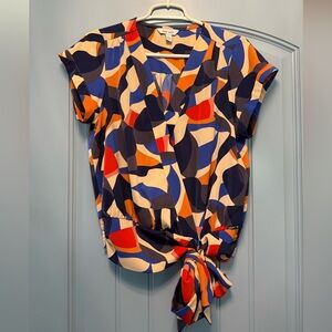 Nine West Blue and Orange Graphic Tie Front Blouse